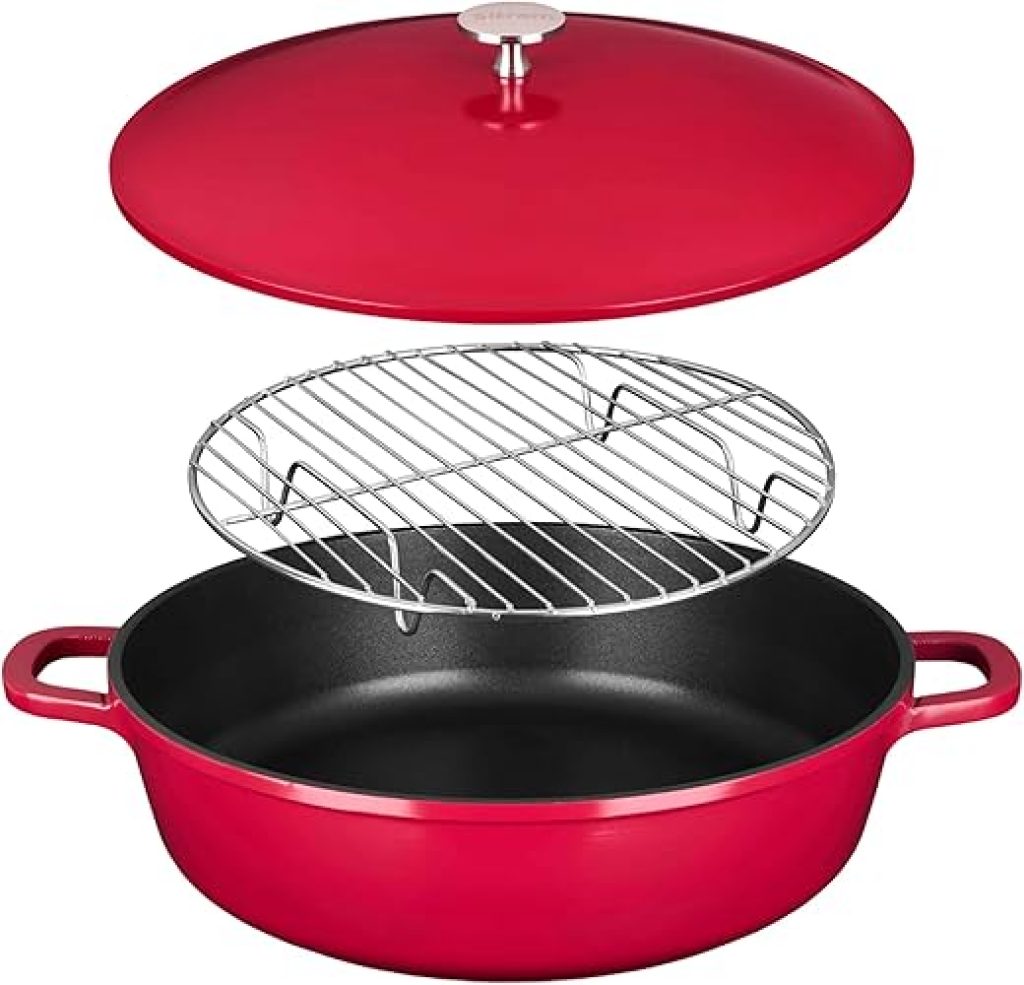 Sitram 716946 Poêle Ø28cm tout en 1 Fonte Aluminium = 1 cocotte pour remplacer poêle, casserole, sauteuse + couvercle avec picots, panier vapeur, grille pour rôtissoire, spatule - compatible induction