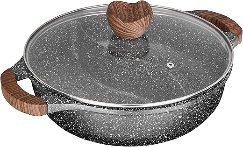 Sitram 716948 Sauteuse 2 compartiments Ø28 x7.5cm en fonte d'aluminium - Revêtement anti-adhérent sans PFOA effet Pierre - marmite Shabu avec couvercle verre - Tous feux dont induction